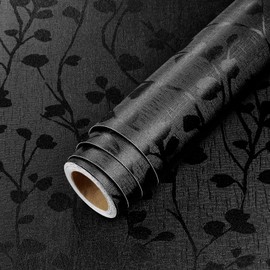 LaCheery 160"x24" Matte Black Peel and Stick Wallpaper Modern Floral Contact Paper Black Silk Wallpaper Embossed Self Adhesive Peel and Stick Wall Paper for Bathroom Waterproof Bedroom Wall Backsplash
