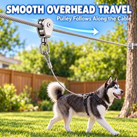 Outdoor Dog Tie Out Trolley Cable System Kit with Pulley, 49 or 98 Ft