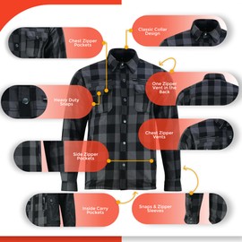 Daniel Smart Men's Motorcycle Shirt Plaid Biker Flannel Jacket Removable Sporty Armored, Zipper Closure & Water Resistant Gray