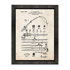 Fishing Rod Patent Art Old Look Print in a Beveled Black Wood Frame (11" x 14") M12216