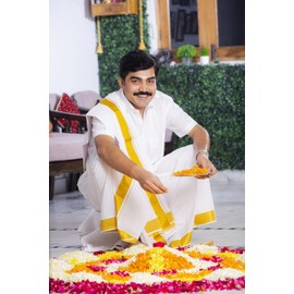 Cotton Dhoti Vesti Mundu 2 mtrs Cream Color Single Layer with Golden zari Border (with Angavastram)