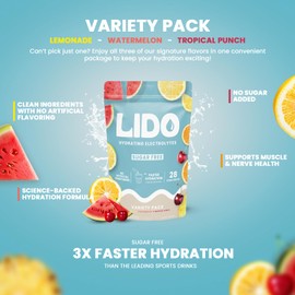 LIDO LIDO Hydrating Electrolytes | No Added Sugar | On The Go Powder Packets | No Artificial Ingredients | Vegan & Paleo Friendly | 28 Sticks - Variety Pack - Watermelon, Lemonade, Tropical Punch