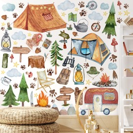 Trandraft 2 Sheet Camping Tent Camper Kids Room Wall Decals Stickers Peel and Stick Tent Camper Decals Sticker Rv Bonfire Camping Decor for Boys Girls Nursery Bedroom Home Classroom Decorations,64pcs