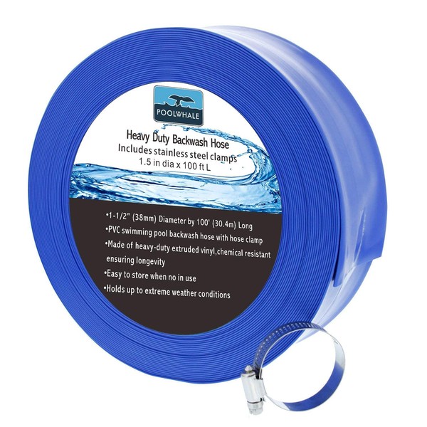 POOLWHALE 1-1/2" x 100' Economy Blue Backwash Hose with Clamps, General Purpose Reinforced PVC Lay-Flat Water Discharge Hose,for Use While Back-Washing Filters and Draining Pools