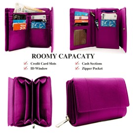 Woodland Leathers Purses for Women, Real Leather RFID Protection Small Purse Wallet with Card and Zip Coin Pockets (Fuchsia)