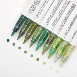 Yolaka Water Based Acrylic Paint Markers Green, 9 Colors Acrylic Paint Pens Set with Soft Brush Tip, Marker Pen for Rock Painting, Egg, Wood, Glass, Paper, Mugs, Acrylic Painter Ink (Sage Green)