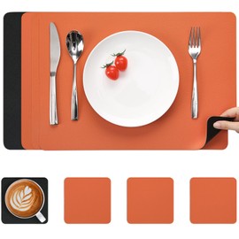 Myir JUN Leather Table Mats and Coasters, Dual-Sided Leather Placemats and Coasters Waterproof Placemats Set of 4 Place Mats Non-Slip Washable Table Mats (Black Orange, Set of 4)
