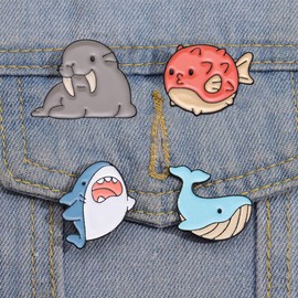 5Pcs Sea Animal Brooches Pin Seahorse Globefish Walrus Whale Shark Lapel Brooch Cartoon Cute Sea Animal Badge Brooch for Women Men Birthday Jewelry