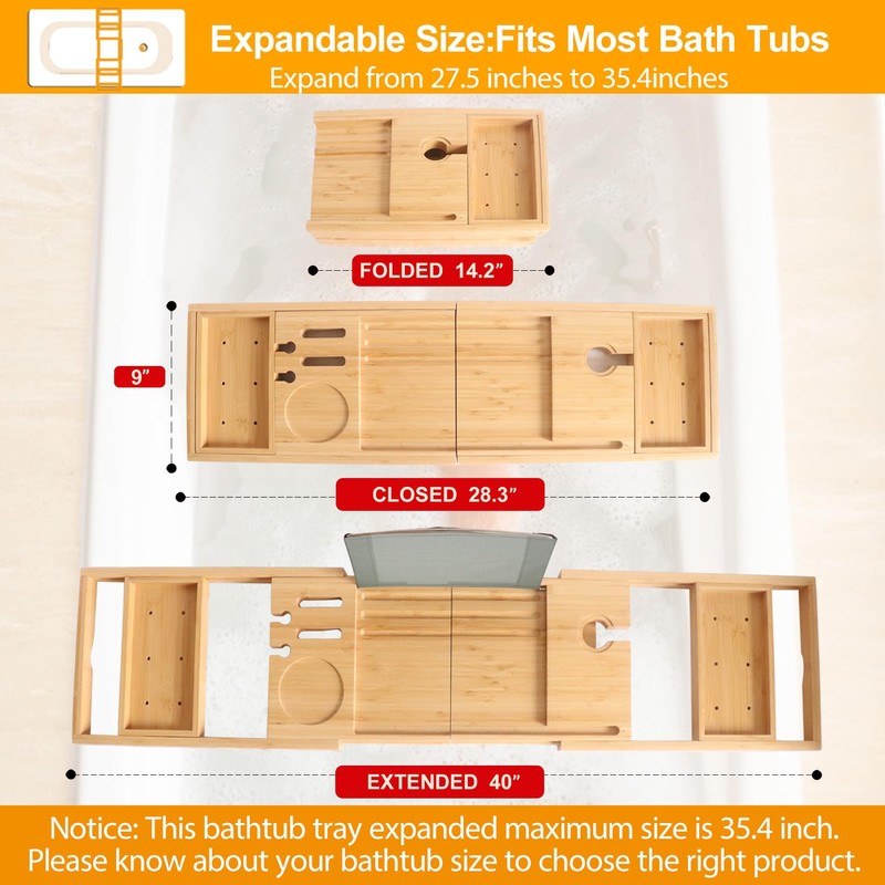 Premium Bathtub Tray Caddy, Expandable Bath Tray for Bathub, Luxury
