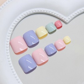 MISUD Colorful Press on Toenails Glossy Fake Toe Nails Glue on Nails Summer Acrylic Toe Fake Nails Supplies Pastel False Toenails Art with Design Full Cover Press-on Toe Nails DIY 24pcs