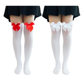 Cossneer 2 Pairs Women White Stockings with Satin Bow Thigh High Bow Socks Womens Girl Bow Thigh Highs stockings