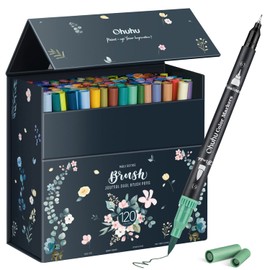 Ohuhu Markers for Adult Coloring Books No bleeding 120 Colors Coloring Markers Water-based Dual Tips Fineliner & Brush Drawing Pens Art Pens for Kids Adults Sketch Journal - Maui - Black
