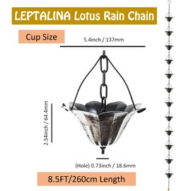 LEPTALINA 8.5FT Lotus Antique Silver Color Iron Rain Chains for Gutter and Rain Barrel | Rust-Resistant Plated Garden Décor Rain Chain for Downspout | Bonus Rain Chain Gutter Adapter