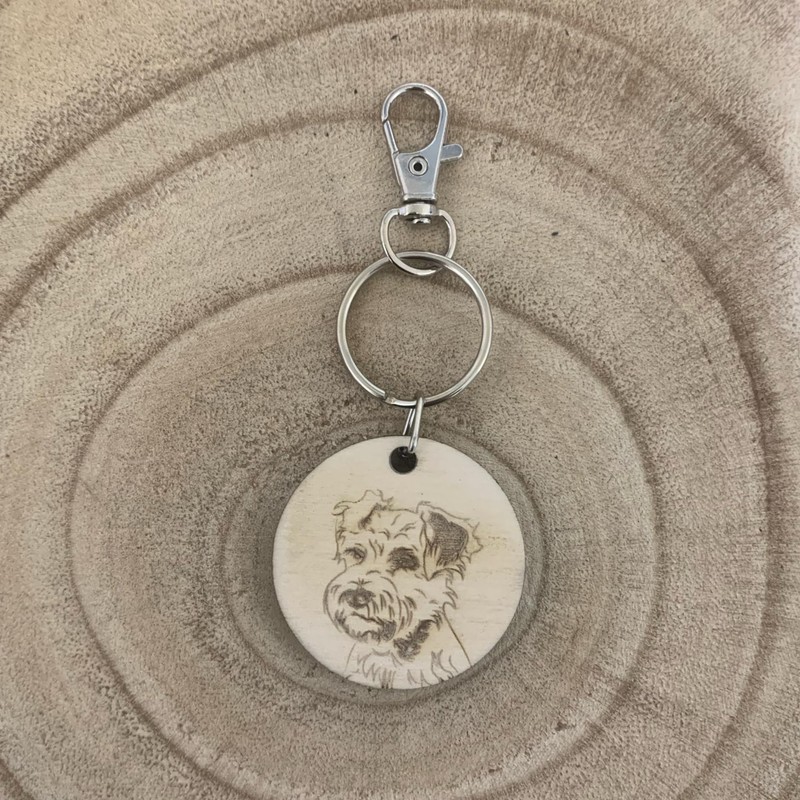Dog Wooden Engraved Keyring, Dog Keychain (Schnauzer Face)