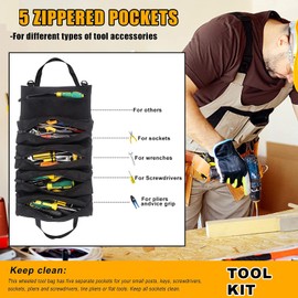 Ubeesize Tool Roll Up Bag, Hanging Tool Bag Pouch with 5 Zipper Tool Pockets, Heavy Duty Canvas Wrench Roll Organizers for Mechanic, Electrician, Auto Mechanic