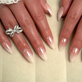 Short Almond Press on Nails Glossy Fake Nails White Acrylic Nails Press ons Brown Gradient Glue on Nails Chrome Design False Nails Almond Short Artificial Stick on Nails for Women 30Pcs