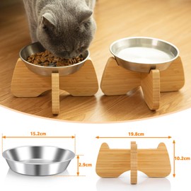 BULANGDE Flache Katzennapf Erhöht Edelstahl mit Bambus Ständer,Futternapf Fressnapf Wassernapf Katze Katzenschüssel Elevated Cat Bowl für Katzen Hunde mit Holz rutschfest Station (1er)