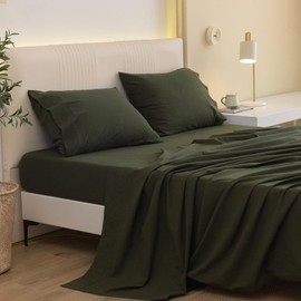 JIYUAN 100% Washed Cotton Sheet Set Comfy Simple Style Soft Breathable Textured Durable Linen Feel Bedding for All Seasons King Size,Solid Olive Green