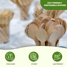 Ecowise Strong Disposable Wooden Spoons Pack of 100 Ecofriendly Biodegradable Disposable Wooden Cutlery Spoons Birchwood Wooden Cutlery Set for Birthday Party, Events, Christmas Party Picnic Wedding