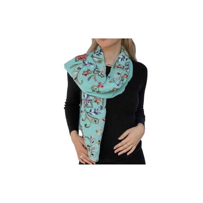 NELUHA Lightweight Cotton Embroidered Floral Scarf for Women (Turquoise), turquoise