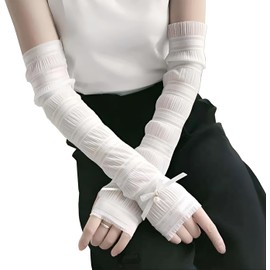 Royal Pine Women's Arm Cover, UV Protection, Cold Feeling, Long Gloves, Shirring, Sunburn Protection, With Finger Holes, Thin, Ribbon, Pearl Included, 6 Colors, white