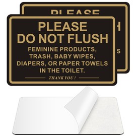 (2 PACK) Do Not Flush Sign for Bathroom, Self-adhesive Do Not Flush Anything Except Toilet Paper Sign, Aluminum Metal Signs for Business and Home (Black/Gold, 6 x 4 inches)
