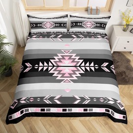 Southwest Native American Bedding Duvet Cover Set Queen Size Southwestern Geometric Bedding Set for Kids Decor Tribal Pink Grey Black Comforter Cover Set Modern Art Bedspread Cover Bedroom Bedclothes