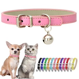 Pink XS Dog Collar with Bell Girls PU Leather Puppy Collar with Bell Adjustable Buckle Kitten Cat Collars for XXS XSmall Tiny Little Extra Small Breed Female Pets Like Chihuahua, X-Small
