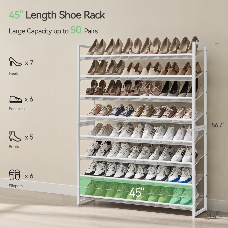 Nunsino Shoe Rack, Long Shoe Organizer,Max Holds 50 Pairs,8 Tier
