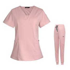 Baoblaze Men Women Scrubs Set, Nursing Uniforms Stretch V Neck Scrub Top and Pants Esthetician Workwear Hospital Nurse Costume for Pet Groomer, Pink, XL