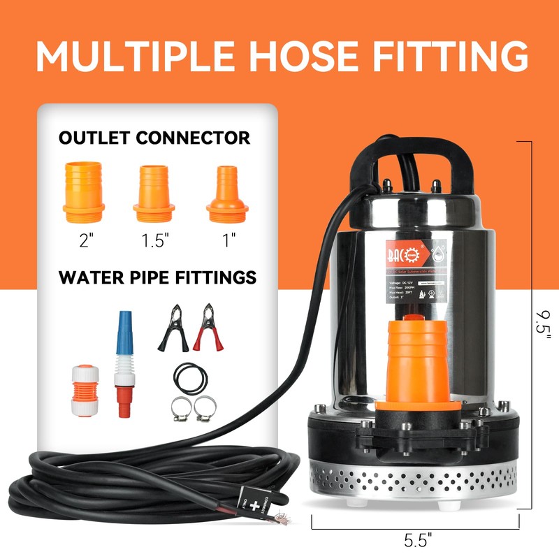 BACOENG DC 12V Solar Water Pump, Submersible Well Pump 20FT,