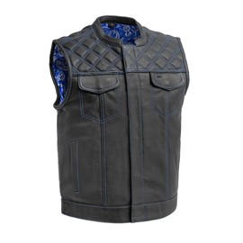 Hunt Club Downside Vest- Men's Motorcycle Diamond Quilted Leather Vest Paisley Liner Available 3 Colors (as1, alpha, l, regular, regular, BLK/Blue, Large)