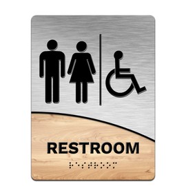 Modern Office Business Restroom Sign - Restroom - 6"x8" Brushed Steel + Wood Look - ADA Compliant