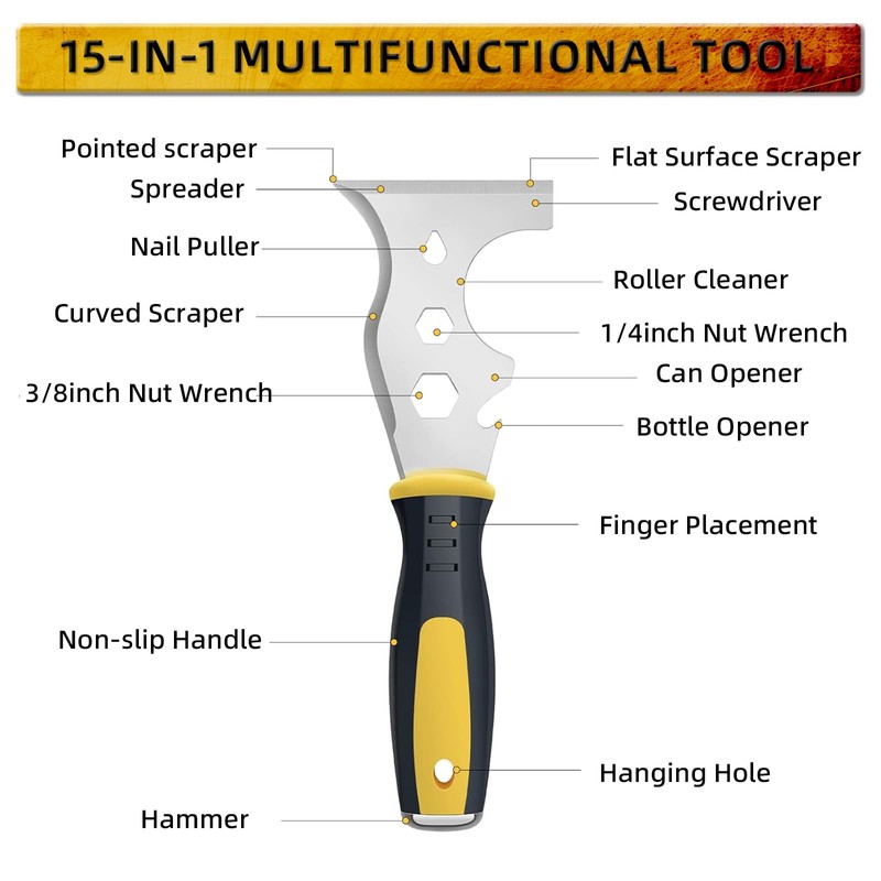 OKEMISS Scraper Tool, Stainless Steel 15-in-1 Painters Tool, Professional Multi