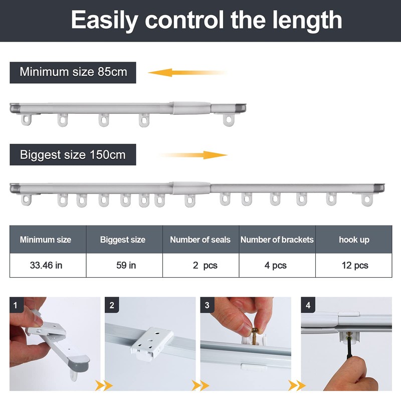 ZSTARR Retractable Ceiling Curtain Track, Measurement-Free 33.5''-59'', Room Divider, Shower