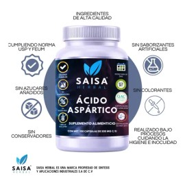 Ácido Aspártico | 100 Cápsulas | Saisa Herbal | Suplemento Alimenticio | Calidad Premium | Energía, Vitalidad y Apoyo Muscular