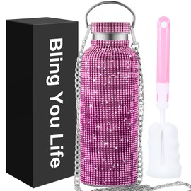 WINCHERRIA Bling Water Bottle Rhinestone,Diamond Cup,Glitter Stainless Steel Thermal Bottle with 55In Chain,Sparkly Gifts for Girls Women,Rhinestone Tumbler for Anniversary,Birthday(Pink)