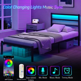 CollaredEagle Twin Size Bed Frame with Headboard, Metal Platform Bed Frame with LED, Charging Station, No Box Spring Needed, Easy Assembly, Noise Free, Black