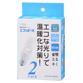オーム電機 電球形蛍光灯 エコなボール60W形口金E26昼光色スパイラルタイプ2個入り EFD15ED/12NX2P