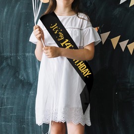 It's My 14th Birthday Sash - 14th Birthday Gifts Girl Sash Birthday Party Favors - Happy 14th Accessories for Man and Women - Black with Gold Foil Lettering