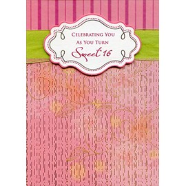 Designer Greetings Gold Foil Vines on Pink, 3D Banner and Green Ribbon Hand Decorated Designer Boutique Keepsake Sweet 16 Birthday Card