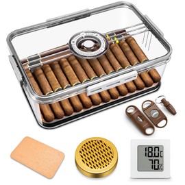 Cigar Humidor Clear Acrylic Humidor Spanish Cedar Plank, Cigar Case Plastic Portable Airtight Container with Hygrometer, Humidifier, Cigar Cutter, V-Cutter, Punch for Men Holds 40-60 Cigars (Medium)