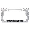 The Beach is My Happy Place Palm Tree Design Chrome Metal Auto License Plate Frame Car Tag Holder with car Banner Flag