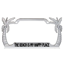 The Beach is My Happy Place Palm Tree Design Chrome Metal Auto License Plate Frame Car Tag Holder with car Banner Flag