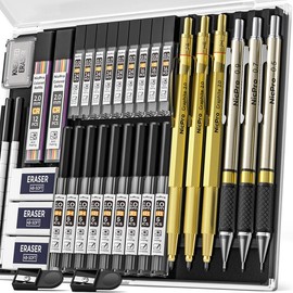 NicPro 6 Pack Art Mechanical Pencil Set, 3 Pack Metal Drafting Pencil 0.5 mm & 0.7 mm & 0.9 mm & 3 Pack 2mm Lead Holder (6B 4B 2B HB 2H 4H Colors) - Color: Gold(with Colored Refills)