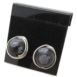 Snowflake Obsidian and Sterling Silver Herringbone-Topped Wire-Wrapped Post Earrings