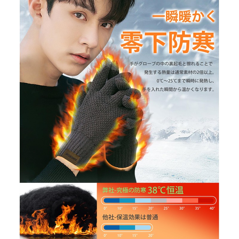 Andeor Men's Outdoor Gloves, Knit Gloves, Instant Warm, Subzero Cold