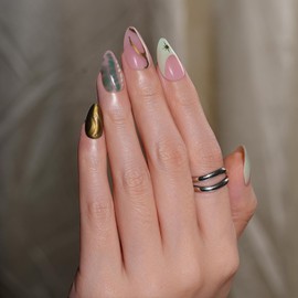 Frinail Green French Tip Press on Nails Almond, Gold Line Irregularity Stars Design Glue on Fake Nails Full Cover Glossy Chrome Artificial Stick on French Tip False Nails for Women,30Pcs