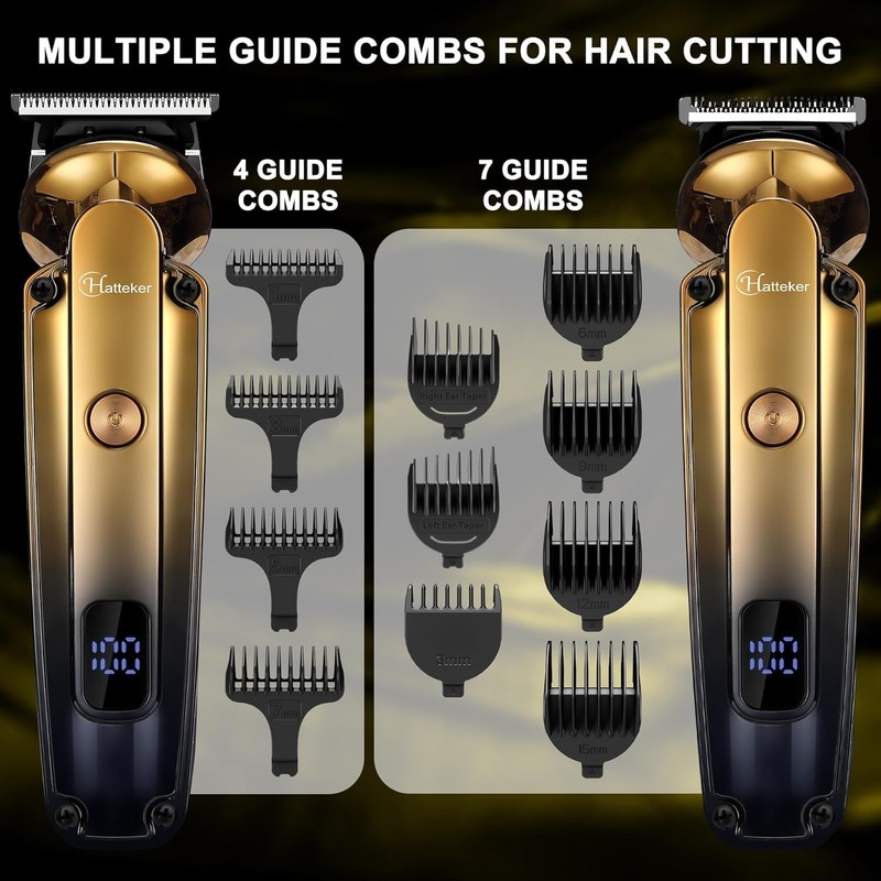 Hattekerひげトリマーセット電気かみそりかみそり専門ヘアカット、隙間ゼロT型ブレードトリマー付き鼻耳ひげトリマー男性防水コードレス美容セット6 in 1(ゴールド)