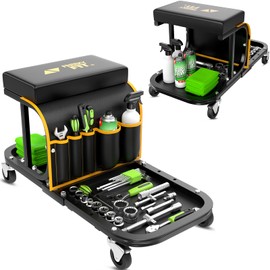 Rolling Shop Stool Chair with Wheels, Mechanic Garage Stool on Wheels, Auto Car Detailing Stools Seat with Tool Tray Storage for Garage Work, Workshop, Home, Garden, DIY, 300 LBS Capacity, Yellow